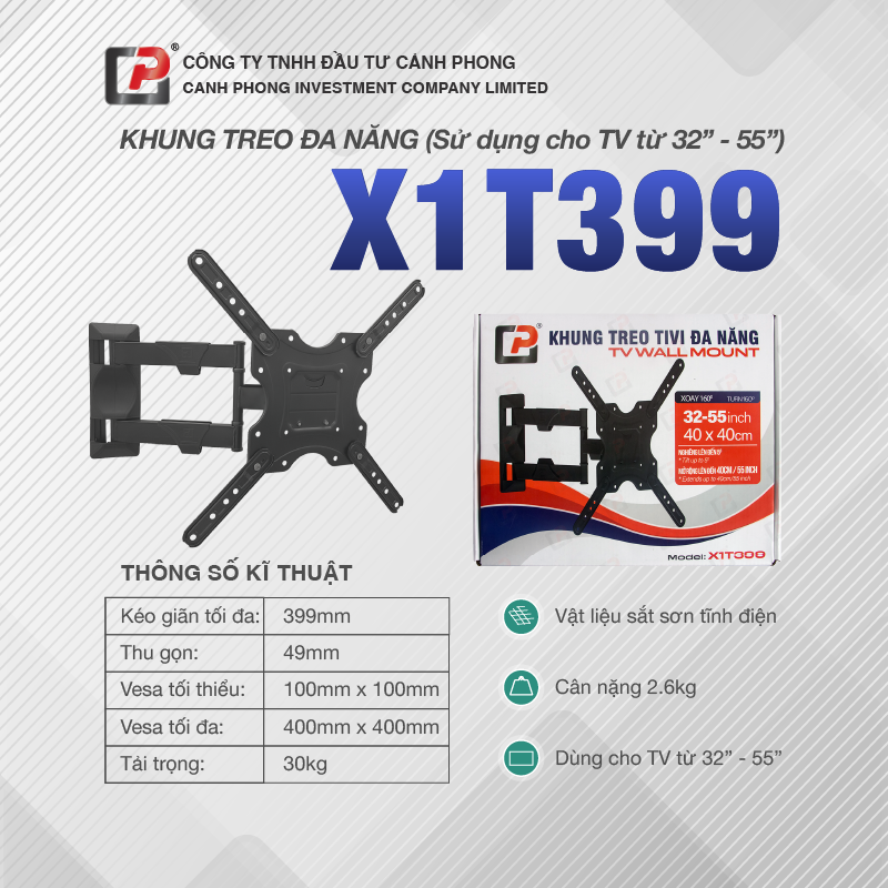 X1T399 Full Motion TV Wall Mount Swivel and Tilt for Most 32-55 Inch TVs  
